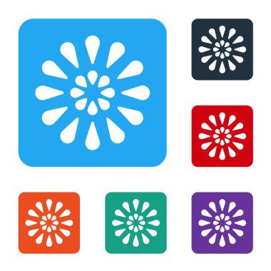 Beyaz Firework simgesi beyaz arkaplanda izole edildi. Eğlence partisi anlayışı. Patlayıcı havai fişek sembolü. Renkli kare düğmelerle simgeleri ayarla. Vektör İllüstrasyonu