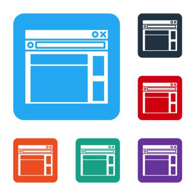 Beyaz Web Sitesi şablon simgesi beyaz arkaplanda izole edildi. İnternet iletişim protokolü. Renkli kare düğmelerle simgeleri ayarla. Vektör İllüstrasyonu