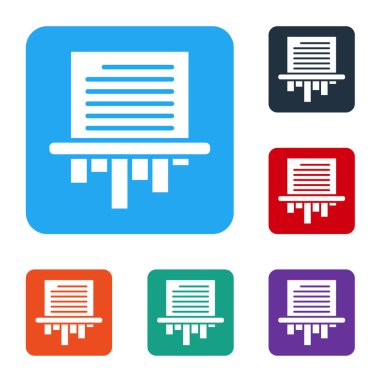 Beyaz Kağıt Öğütücü gizli ve özel belge ofisi bilgi koruma simgesi beyaz arkaplanda izole edildi. Renkli kare düğmelerle simgeleri ayarla. Vektör İllüstrasyonu