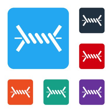 Beyaz dikenli tel ikonu beyaz arkaplanda izole edildi. Renkli kare düğmelerle simgeleri ayarla. Vektör İllüstrasyonu