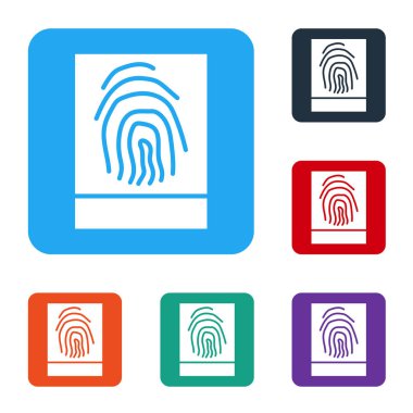 Beyaz parmak izi simgesi beyaz arkaplanda izole edildi. Kimlik uygulama simgesi. Kimlik işareti. Kimliğe dokun. Renkli kare düğmelerle simgeleri ayarla. Vektör İllüstrasyonu