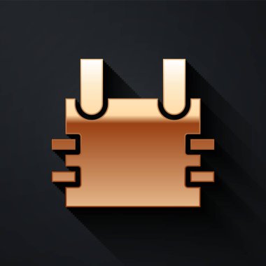 Siyah arka planda izole edilmiş kurşun ikonundan korunmak için altın kurşun geçirmez yelek. Vücut zırhı işareti. Askeri kıyafetler. Uzun gölge tarzı. Vektör İllüstrasyonu