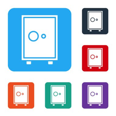 Beyaz Kasa simgesi beyaz arkaplanda izole edildi. Kapı, şifreli bir banka kasası. Güvenilir Veri Koruma. Renkli kare düğmelerle simgeleri ayarla. Vektör İllüstrasyonu