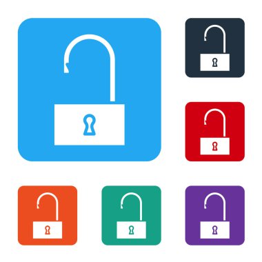 Beyaz arkaplanda beyaz açık asma kilit simgesi izole edildi. Kilit açık işareti. Siber güvenlik kavramı. Dijital veri koruması. Renkli kare düğmelerle simgeleri ayarla. Vektör İllüstrasyonu