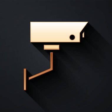 Altın güvenlik kamerası simgesi siyah arkaplanda izole edildi. Uzun gölge tarzı. Vektör İllüstrasyonu