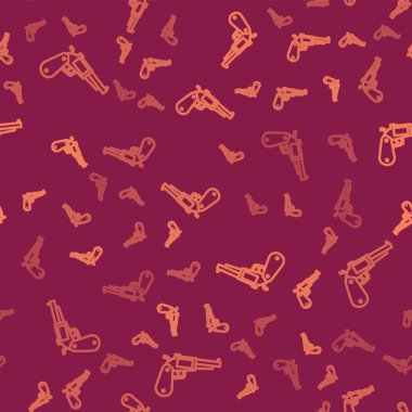 Kahverengi çizgi Revolver silah ikonu kırmızı arka planda izole edilmiş. Vektör İllüstrasyonu