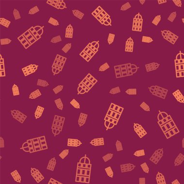 Kahverengi çizgi dinamit bomba çubuğu ve zamanlayıcı ikonu kırmızı arka planda izole edilmiş pürüzsüz desen. Saatli bomba - patlama tehlikesi kavramı. Vektör İllüstrasyonu