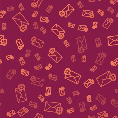 Kahverengi çizgi zarfı ve kalkan simgesi kırmızı arka planda izole edilmiş pürüzsüz desen. Sigorta konsepti. Güvenlik, güvenlik, koruma, konsept koruma. Vektör İllüstrasyonu