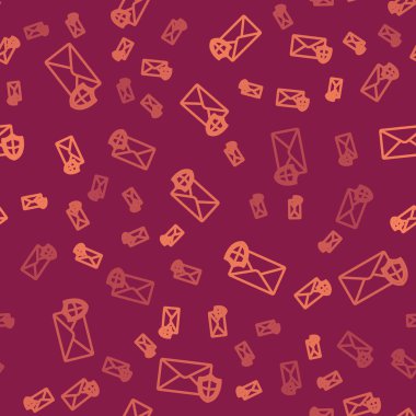 Kahverengi çizgi zarfı ve kalkan simgesi kırmızı arka planda izole edilmiş pürüzsüz desen. Sigorta konsepti. Güvenlik, güvenlik, koruma, konsept koruma. Vektör İllüstrasyonu