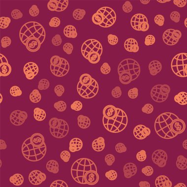 Dolar sembolü simgesi olan kahverengi çizgi Dünya küresi kırmızı arka planda izole edilmiş pürüzsüz desen. Dünya ya da Dünya işareti. Küresel internet sembolü. Geometrik şekiller. Vektör İllüstrasyonu
