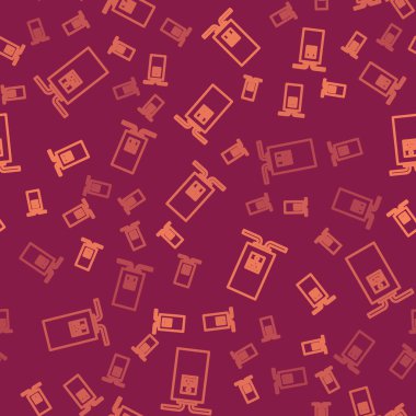 Yanan ateş ikonuna sahip kahverengi çizgili gaz kazanı kırmızı zeminde izole edilmiş pürüzsüz desen. Vektör İllüstrasyonu