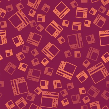 Kahverengi çizgi, kırmızı arka planda izole edilmiş internet ikonu satın alıyor. İnternetten satın alma sembolü. Vektör İllüstrasyonu
