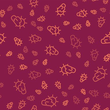 Kahverengi çizgi güneş ve bulutlu hava ikonu kırmızı zeminde izole edilmiş pürüzsüz desen. Vektör İllüstrasyonu