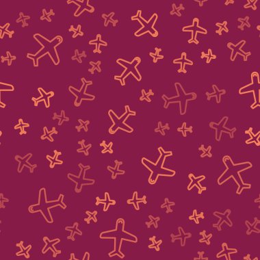 Kahverengi çizgi düzlem simgesi kırmızı arkaplanda izole edilmiş. Uçan uçak ikonu. Uçak tabelası. Vektör İllüstrasyonu