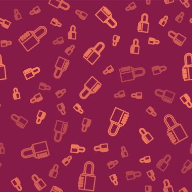 Kahverengi çizgi şifreli kilit simgesi kırmızı arka planda izole edilmiş. Kombinasyon asma kilit. Güvenlik, güvenlik, koruma, şifre, gizlilik. Vektör İllüstrasyonu