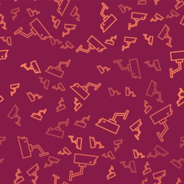 Kahverengi çizgi güvenlik kamerası ikonu kırmızı arkaplanda kusursuz desen izole etti. Vektör İllüstrasyonu