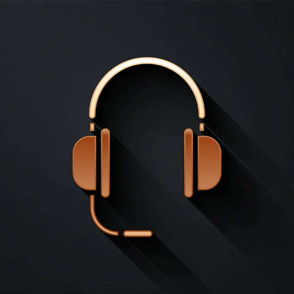 Gold Kopfhörer Mit Mikrofonsymbol Isoliert Auf Schwarzem Hintergrund Langer Schatten — Stockvektor