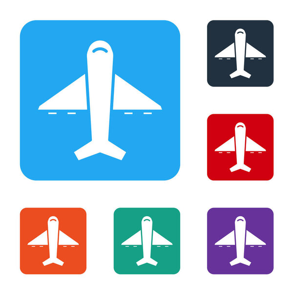 White Plane icon isolated on white background. Flying airplane icon. Airliner sign. Set icons in color square buttons. Vector Illustration