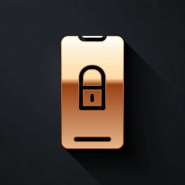 Gold Smartphone Closed Padlock Icon Isolated Black Background Phone Lock — Stock Vector