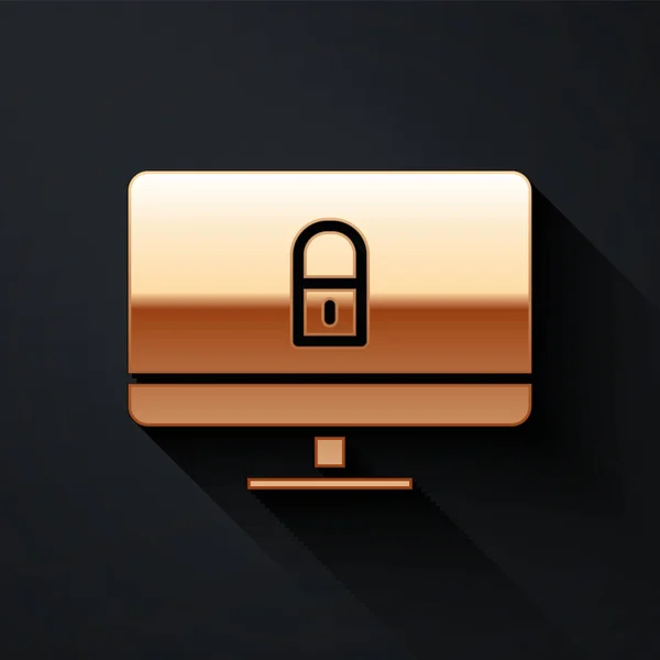 Gold Lock Obrazovce Monitoru Počítače Izolované Černém Pozadí Bezpečnost Bezpečnost — Stockový vektor
