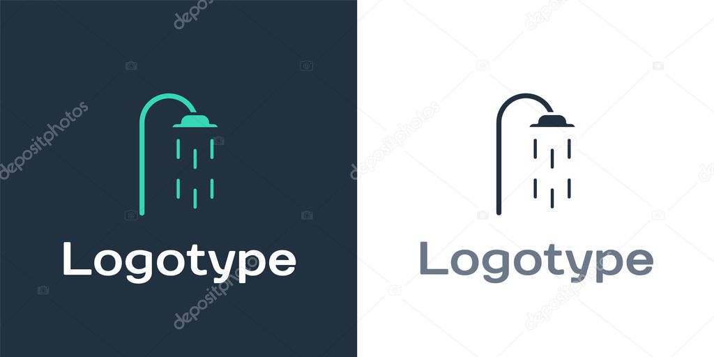 Logotype Shower head with water drops flowing icon isolated on white background. Logo design template element. Vector Illustration