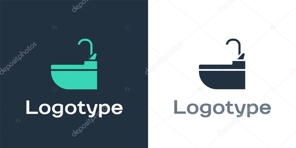 Logotype Washbasin with water tap icon isolated on white background. Logo design template element. Vector Illustration