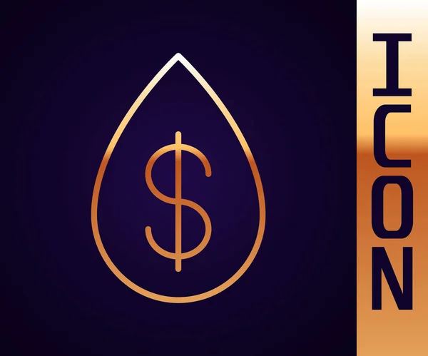 Gold line Oil drop with dollar symbol icon isolated on black background.  Vector Illustration