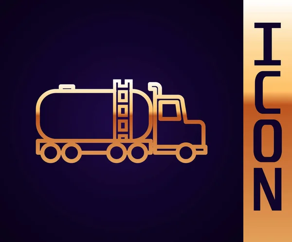 Gold line Tanker truck icon isolated on black background. Petroleum tanker, petrol truck, cistern, oil trailer.  Vector Illustration