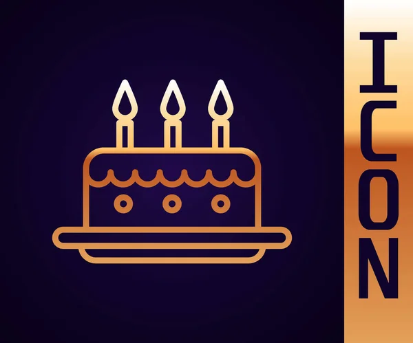 Goldlinie Kuchen Mit Brennenden Kerzen Symbol Isoliert Auf Schwarzem Hintergrund — Stockvektor