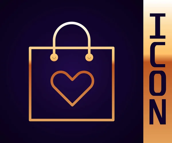 Gold Line Shopping Bag Heart Icon Isolated Black Background Shopping — Stock Vector