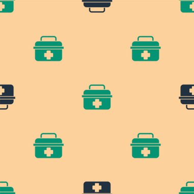 Yeşil ve siyah ilk yardım seti ikonu bej arka planda pürüzsüz desen izole etti. Haçlı sağlık kutusu. Acil durumlar için tıbbi ekipman. Sağlık sigortası konsepti. Vektör İllüstrasyonu