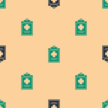 Klinik kayıt simgesine sahip yeşil ve siyah tıbbi pano bej arka planda izole edilmiş pürüzsüz desen. Sağlık sigortası formu. Reçete, tıbbi kontrol işaretleri raporu. Vektör İllüstrasyonu