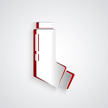 Kağıt kesiği astım ikonu gri arkaplanda izole edilmiş. Öksürük şurubu, solunum, alerjik hasta. Tıbbi alerji astım spreyi. Kağıt sanatı tarzı. Vektör İllüstrasyonu