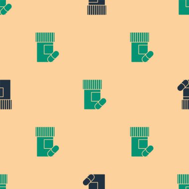 Yeşil ve siyah ilaç şişesi ve ilaç ikonu bej arka planda izole edilmiş pürüzsüz desen. Şişe hapı işareti. Eczane tasarımı. Vektör İllüstrasyonu