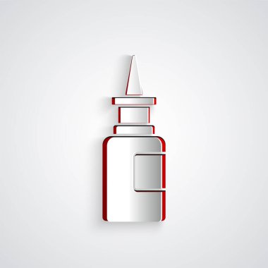 Kağıt kesiği burun spreyi ikonu gri arka planda izole edilmiş. Kağıt sanatı tarzı. Vektör İllüstrasyonu