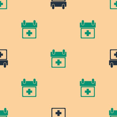 Yeşil ve siyah Doktor atama ikonu bej arka planda izole edilmiş kusursuz desen. Takvim, planlama kurulu, ajanda, danışman doktor. Vektör İllüstrasyonu