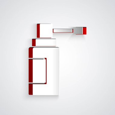 Gri arka planda izole edilmiş burun ve boğaz ikonu hastalıklarının tedavisi için ilaç spreyli kağıt kesiği. Kağıt sanatı tarzı. Vektör İllüstrasyonu