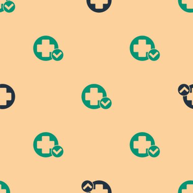 Yeşil ve siyah haç hastanesi tıbbi ikonu bej arka planda kusursuz desen izole etti. İlk yardım. Teşhis sembolü. İlaç ve eczane işareti. Vektör İllüstrasyonu