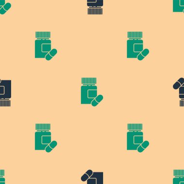 Yeşil ve siyah ilaç şişesi ve ilaç ikonu bej arka planda izole edilmiş pürüzsüz desen. Şişe hapı işareti. Eczane tasarımı. Vektör İllüstrasyonu