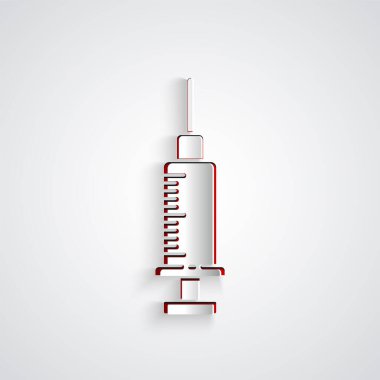 Kağıt kesme Şırınga simgesi gri arka plan üzerinde izole. Aşı, aşı, enjeksiyon, grip aşısı için şırınga. Tıbbi ekipmanlar. Kağıt sanat tarzı. Vektör İllüstrasyonu
