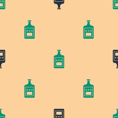 Yeşil ve siyah viski şişesi ikonu bej arka planda izole edilmiş pürüzsüz desen. Vektör İllüstrasyonu