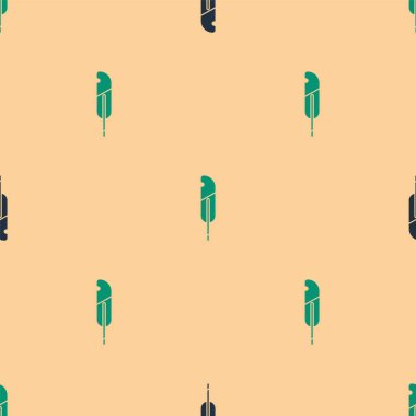 Yeşil ve siyah Tüy kalem simgesi, bej arkaplandaki kusursuz deseni izole etti. Vektör İllüstrasyonu