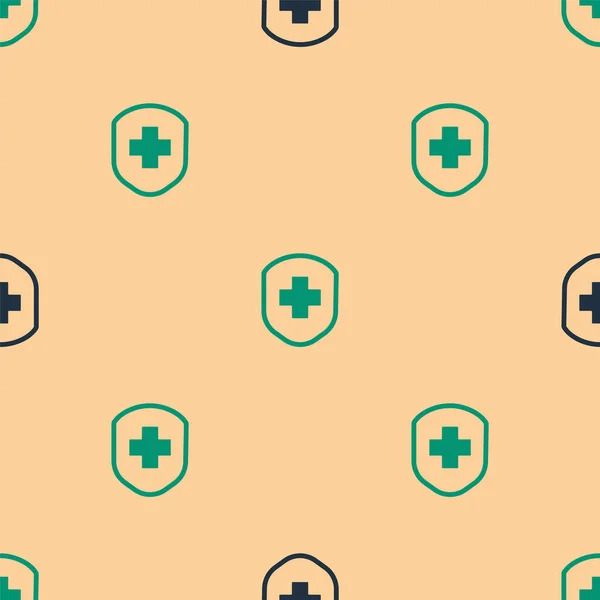 Green Black Medical Shield Cross Icon Isolated Seamless Pattern Beige — Stock Vector