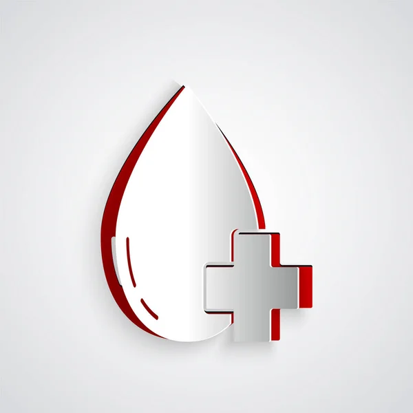 Cięcie Papieru Wpłać Kroplę Krwi Ikoną Krzyża Izolowane Szarym Tle — Wektor stockowy