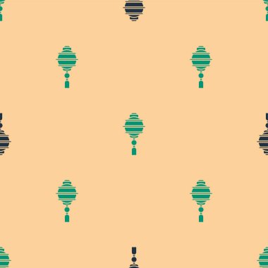 Yeşil ve siyah Çin kağıt fener ikonu bej arka planda izole edilmiş pürüzsüz desen. Vektör İllüstrasyonu