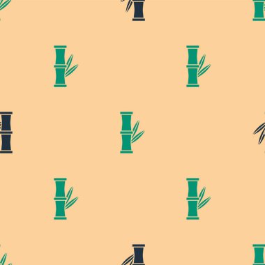 Yeşil ve siyah Bambu ikonu, bej arkaplandaki kusursuz deseni izole etti. Vektör İllüstrasyonu