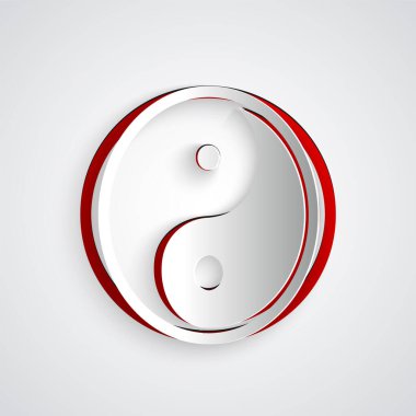 Kağıt, Gri arkaplanda Yin Yang 'ın uyum sembolü ve denge simgesi olarak izole edilmiş. Kağıt sanatı tarzı. Vektör İllüstrasyonu