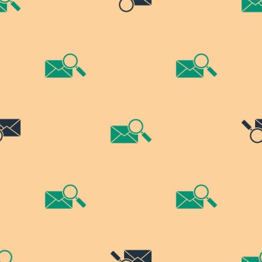 Yeşil ve siyah zarflı, büyüteç ikonlu, bej arkaplanda izole edilmiş, pürüzsüz desenli. Vektör İllüstrasyonu