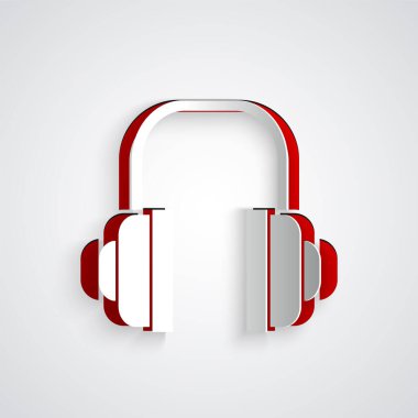 Kağıt kesiği kulaklık simgesi gri arkaplanda izole edilmiş. Müşteri hizmetleri, yardım hattı, çağrı merkezi, faq, bakım. Kağıt sanatı tarzı. Vektör İllüstrasyonu