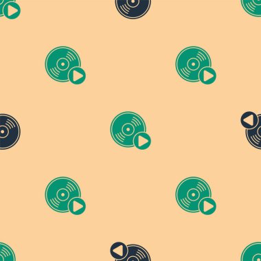 Yeşil ve siyah Vinil disk simgesi bej arkaplanda izole edilmiş pürüzsüz desen. Vektör İllüstrasyonu